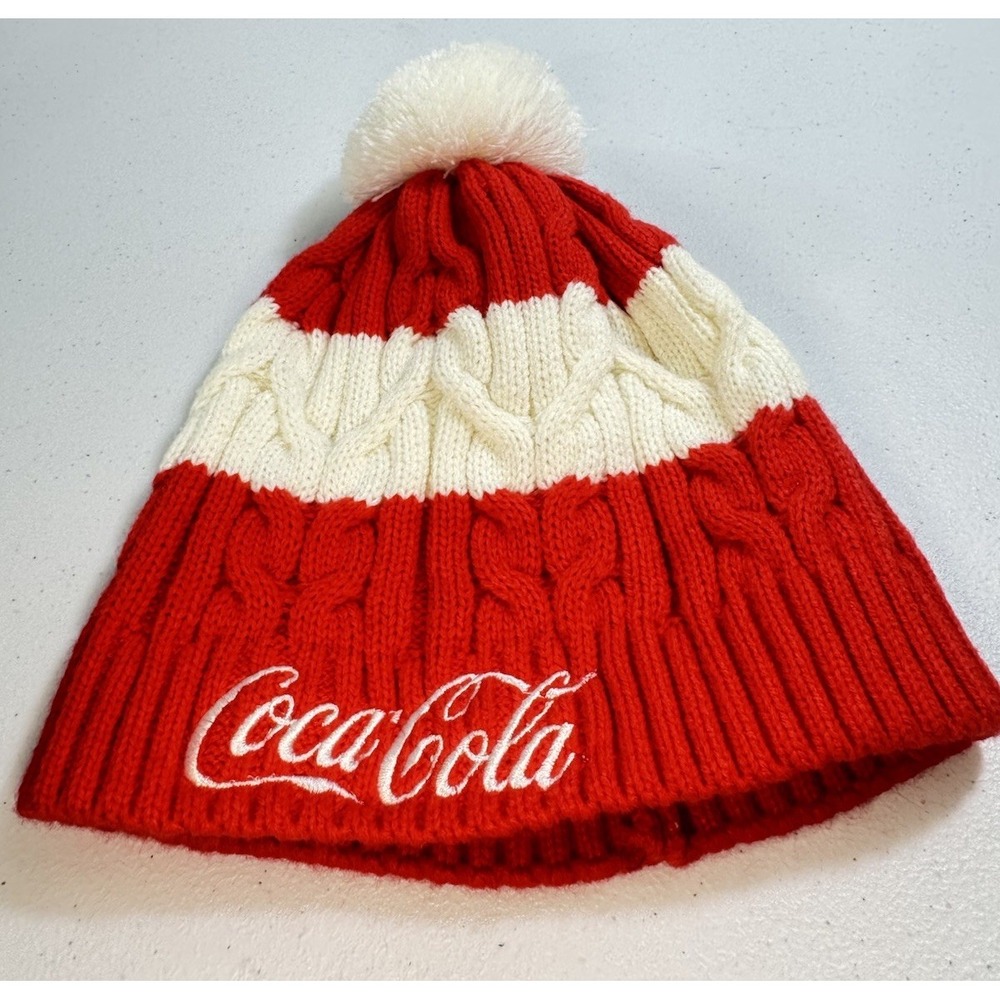 Coca Cola Beanie Hat Knit Adult Red White One Size Pom Pom Winter Outdoors‎